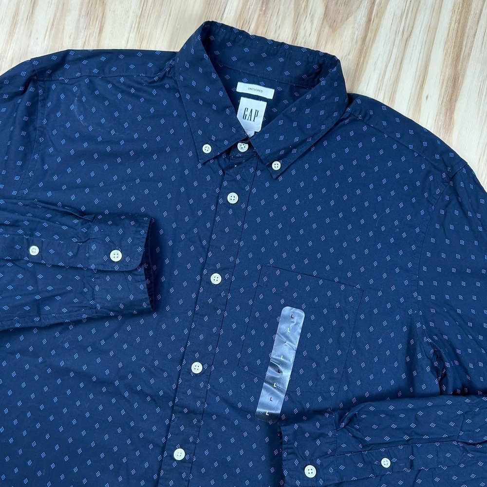GAP Untucked NEW Men's L Blue‎ Geometric Pattern Long Sleeve Button-Down Pockets